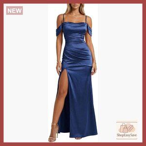 Satin Formal Gown Off Shoulder High Slit Ruched Built-in Bra Elegant Evening